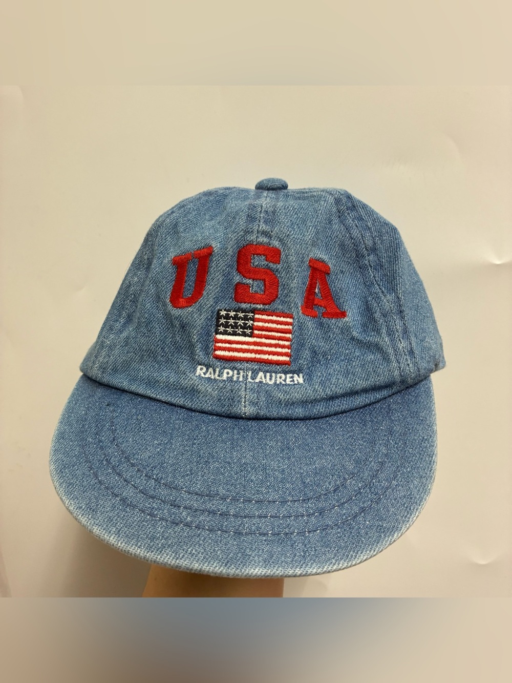 Vintage 90s Ralph Lauren Blue Jean Denim Hat Cap USA Flag One Size Toddler